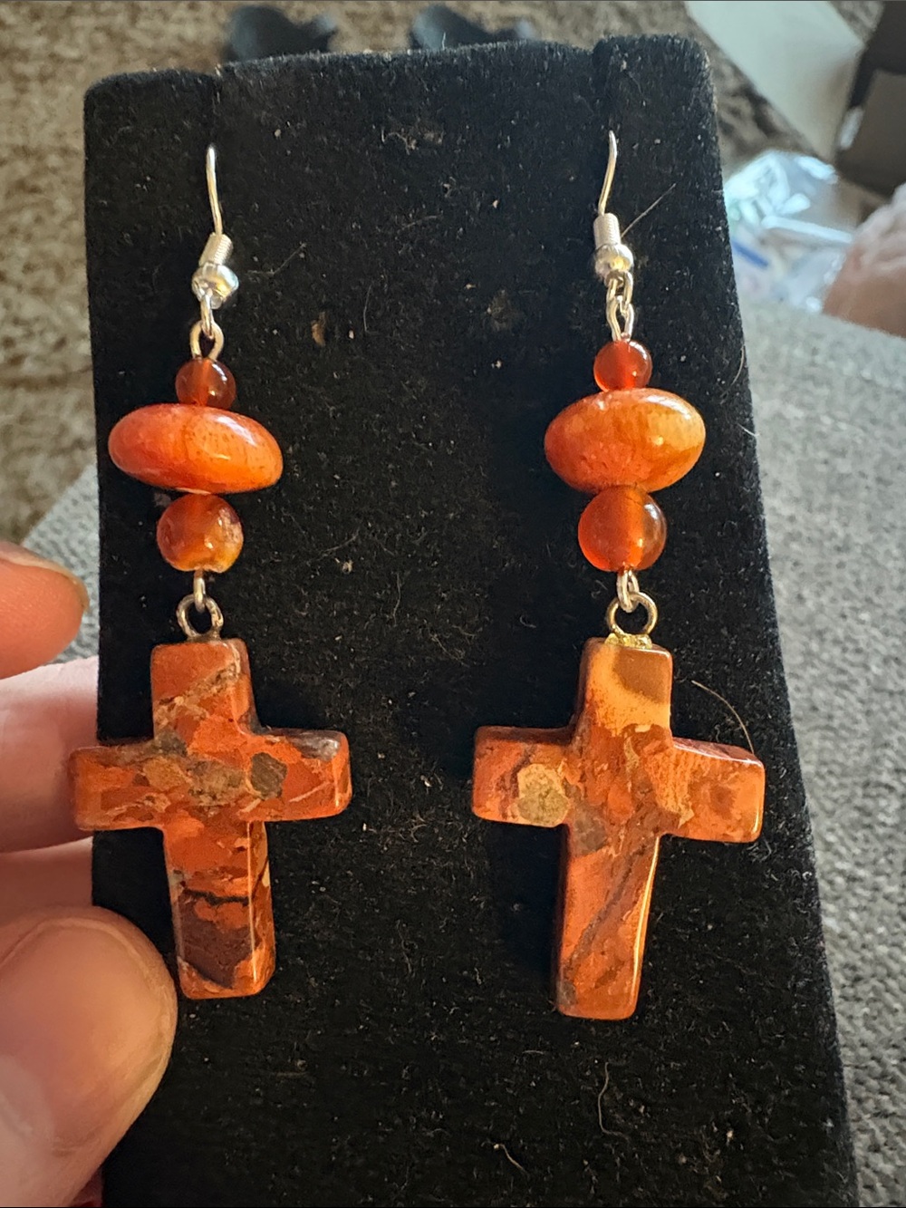 Hand Crafted Carnelian and Jasper Stone Cross Drop Earrings